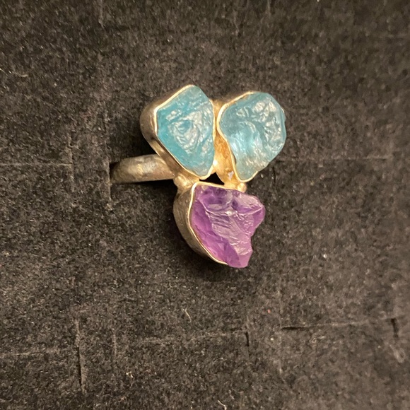 Rough cut amethyst trio, sterling silver setting. - Picture 5 of 15